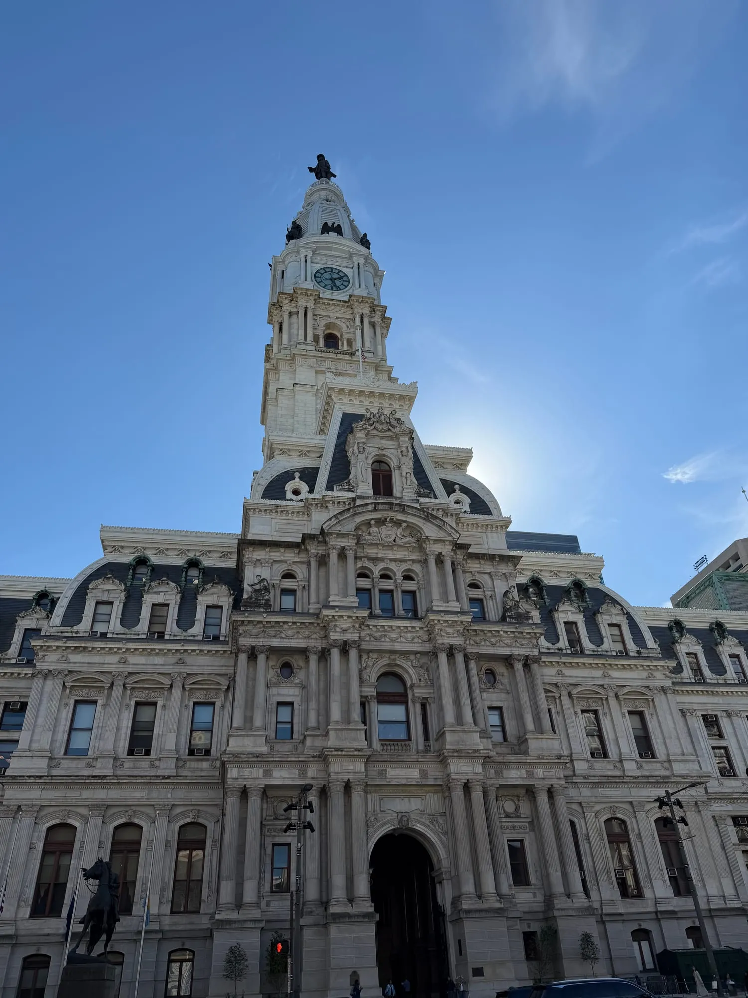 Philadelphia City Hall's ornate tower topped by the William Penn statue