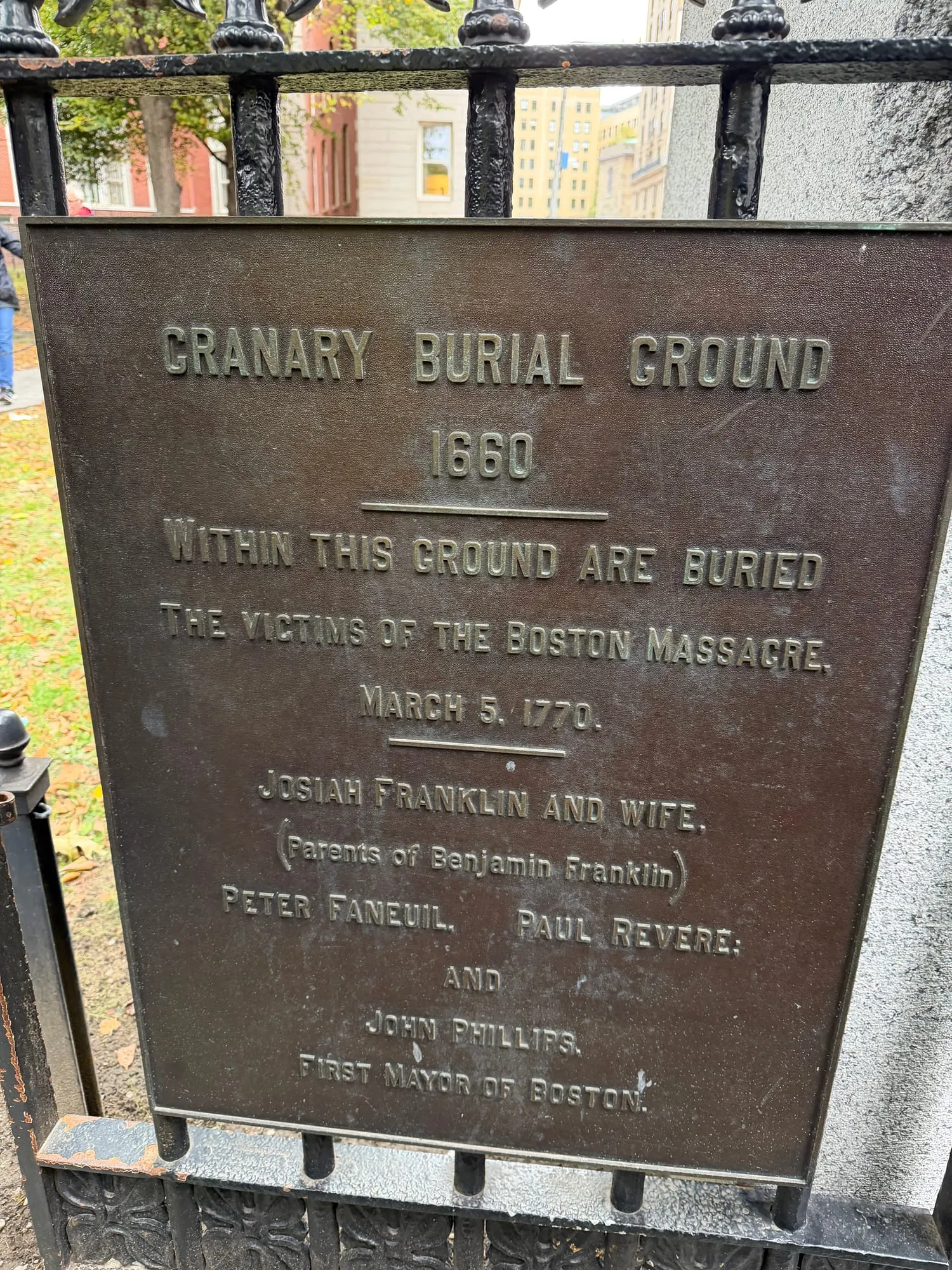 The bronze plaque at the Granary Burying Ground listing those buried there