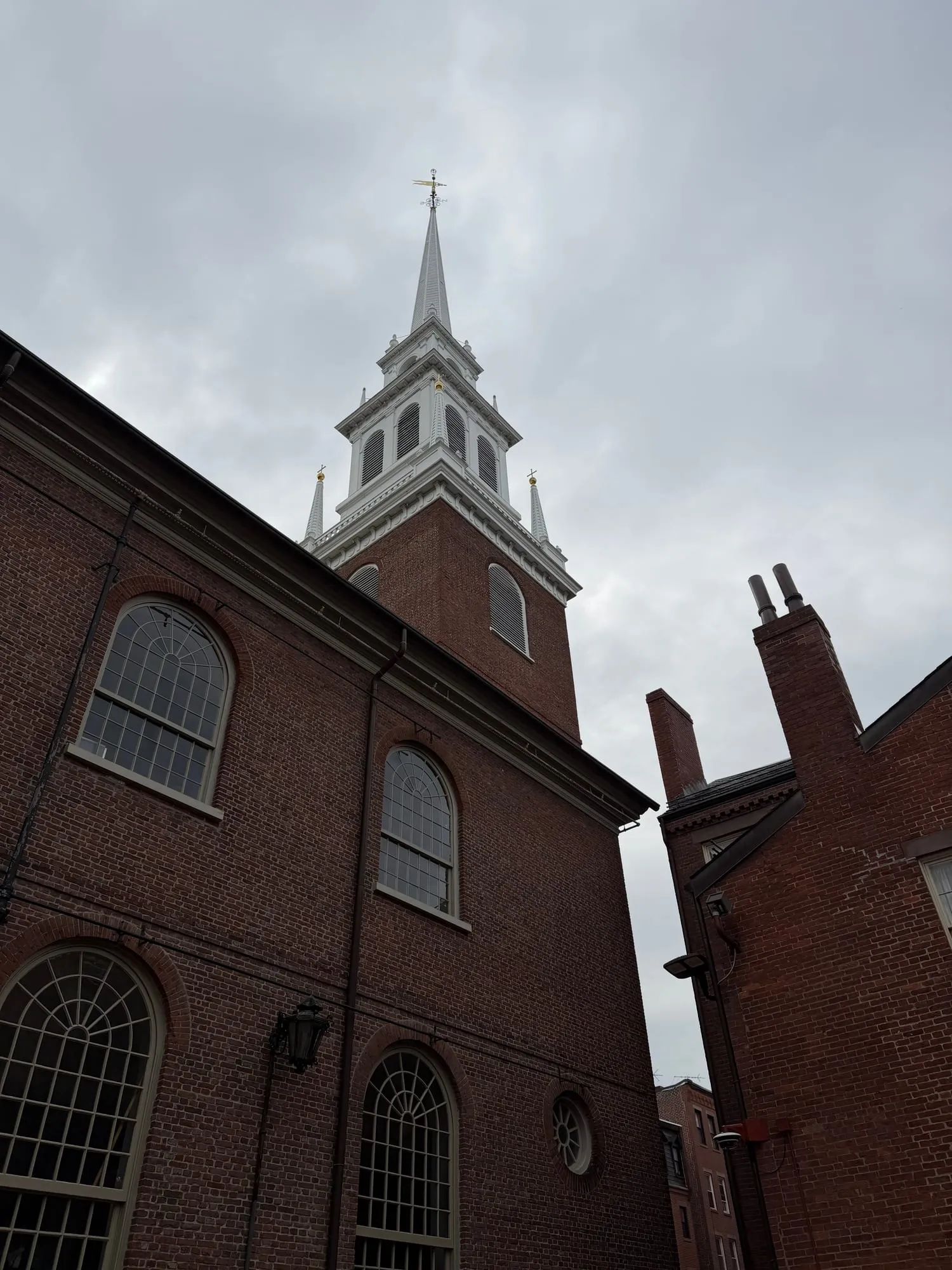 Old North Church's red brick walls and white steeple