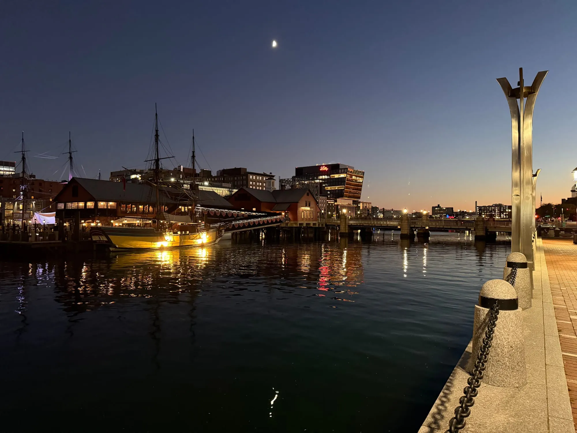 Boston Harbor at dusk near the site of the Boston Tea Party